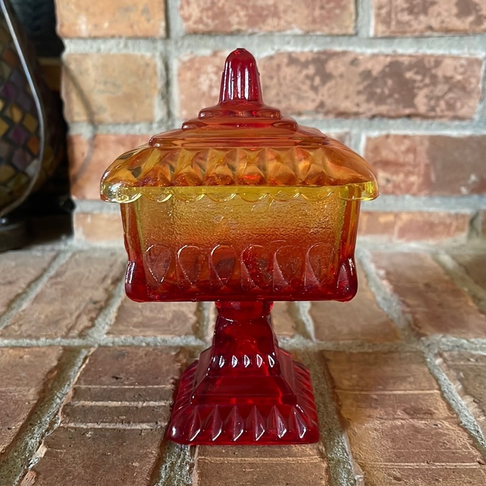 Vtg Jeannette Glass Amberina Ombre Red Orange Wedding Box